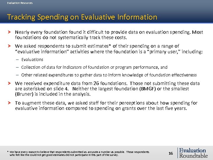 Evaluation Resources Tracking Spending on Evaluative Information Nearly every foundation found it difficult to