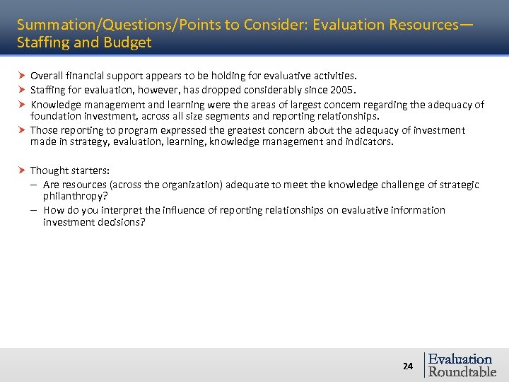 Summation/Questions/Points to Consider: Evaluation Resources— Staffing and Budget Overall financial support appears to be