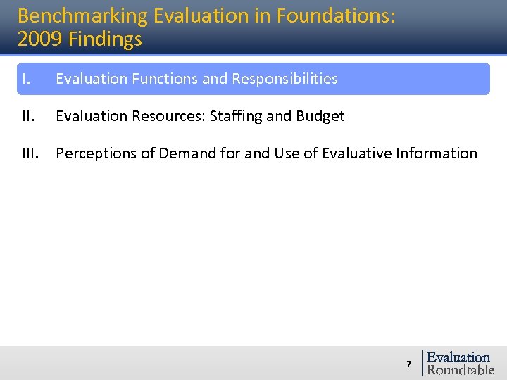Benchmarking Evaluation in Foundations: 2009 Findings I. Evaluation Functions and Responsibilities II. Evaluation Resources: