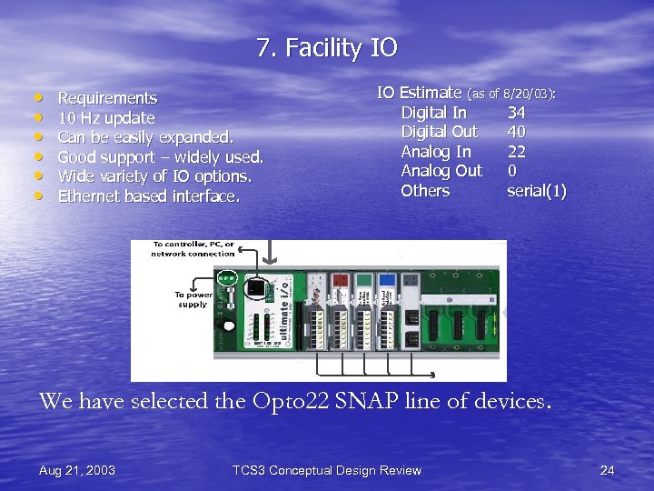 7. Facility IO • • • Requirements 10 Hz update Can be easily expanded.