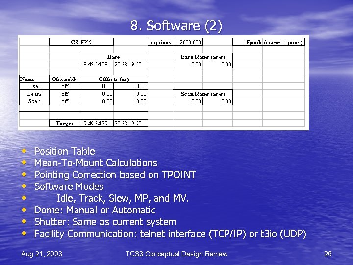 8. Software (2) • • Position Table Mean-To-Mount Calculations Pointing Correction based on TPOINT