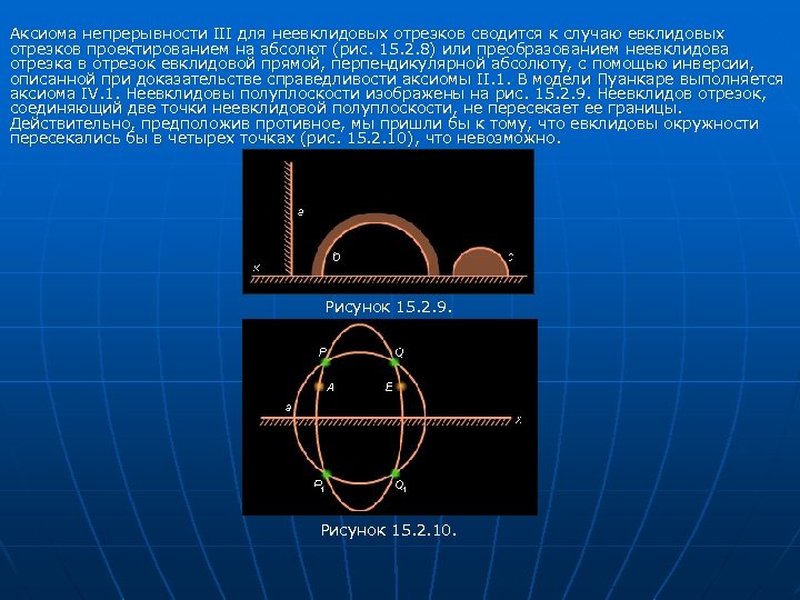 Аксиома непрерывности III для неевклидовых отрезков сводится к случаю евклидовых отрезков проектированием на абсолют