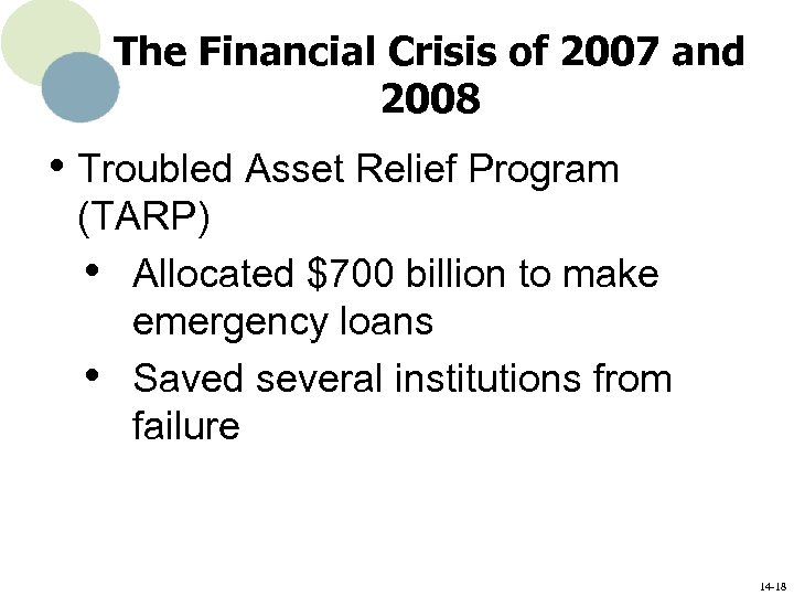 The Financial Crisis of 2007 and 2008 • Troubled Asset Relief Program (TARP) •