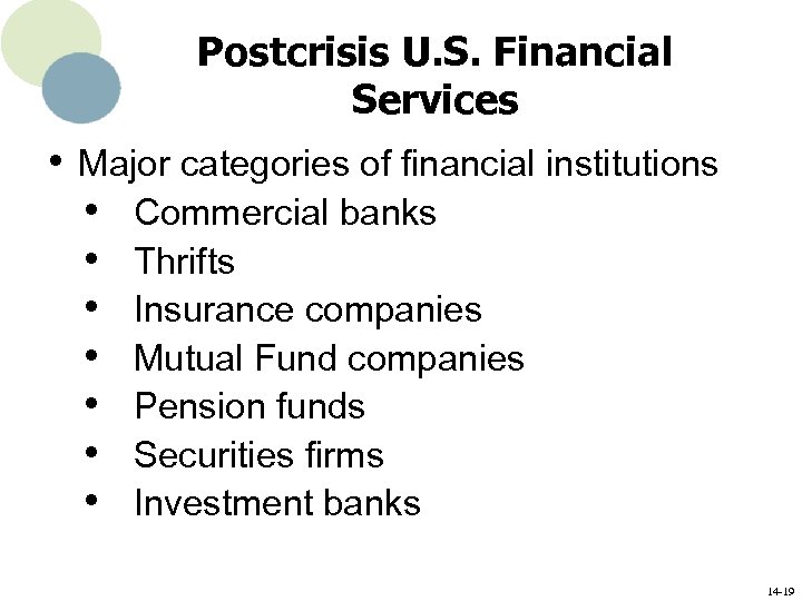 Postcrisis U. S. Financial Services • Major categories of financial institutions • Commercial banks