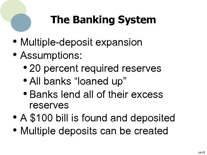 The Banking System • Multiple-deposit expansion • Assumptions: • 20 percent required reserves •