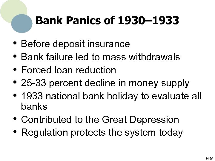 Bank Panics of 1930– 1933 • Before deposit insurance • Bank failure led to