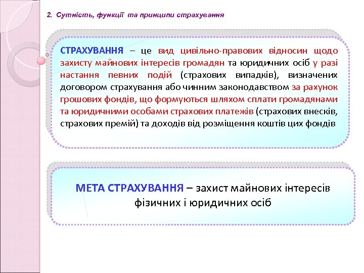 2. Cутність, функції та принципи страхування СТРАХУВАННЯ – це вид цивільно-правових відносин щодо захисту
