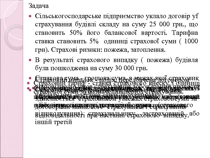 Задача Сільськогосподарське підприємство уклало договір yf страхування будівлі складу на суму 25 000 грн.