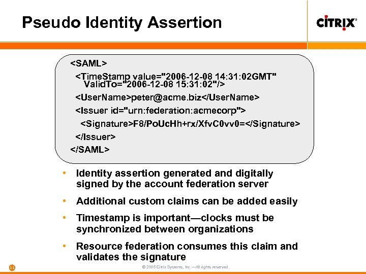 Pseudo Identity Assertion <SAML> <Time. Stamp value=