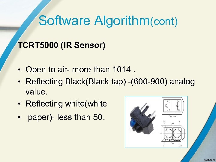 Software Algorithm(cont) TCRT 5000 (IR Sensor) • Open to air- more than 1014. •