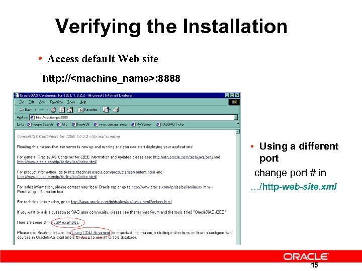Verifying the Installation • Access default Web site http: //<machine_name>: 8888 • Using a