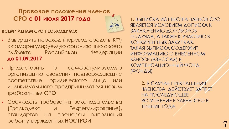 Правовое положение членов СРО с 01 июля 2017 года ВСЕМ ЧЛЕНАМ СРО НЕОБХОДИМО: •
