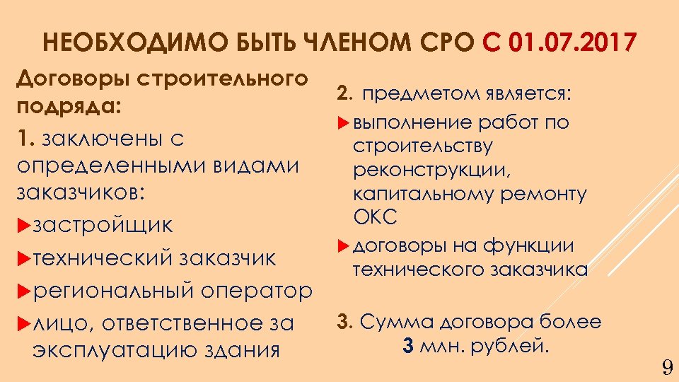 НЕОБХОДИМО БЫТЬ ЧЛЕНОМ СРО С 01. 07. 2017 Договоры строительного подряда: 1. заключены с