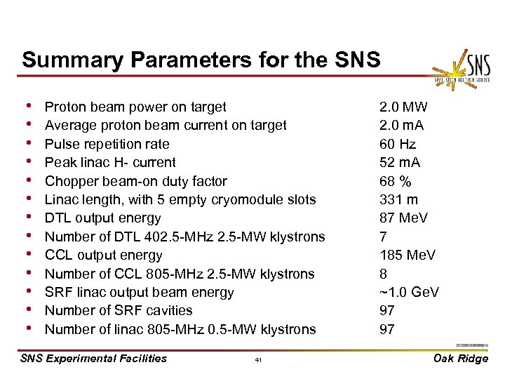 Summary Parameters for the SNS • • • • Proton beam power on target