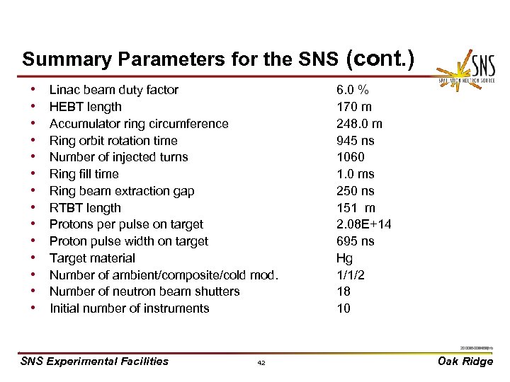 Summary Parameters for the SNS (cont. ) • • • • Linac beam duty