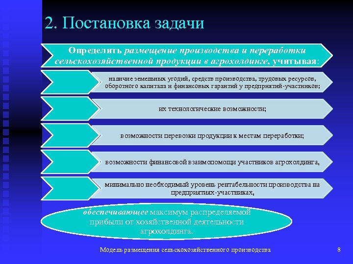 2. Постановка задачи Определить размещение производства и переработки сельскохозяйственной продукции в агрохолдинге, учитывая: наличие