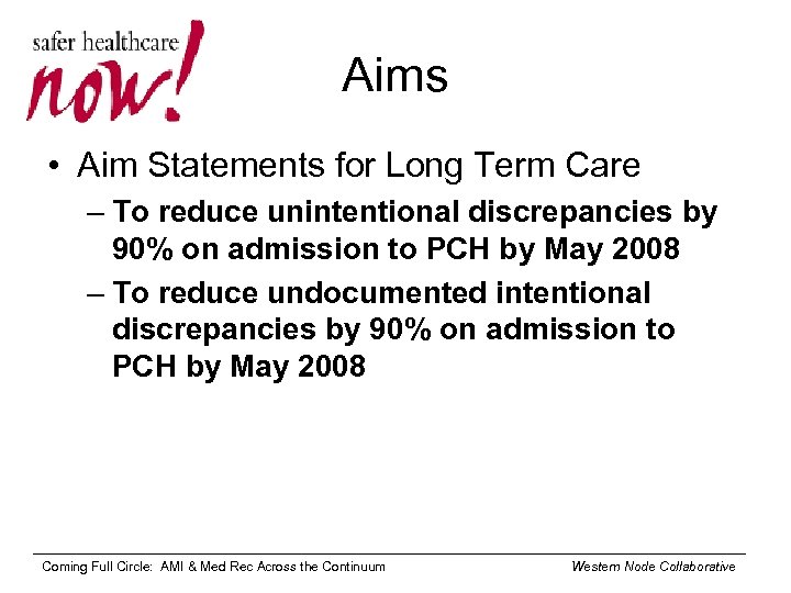 Aims • Aim Statements for Long Term Care – To reduce unintentional discrepancies by