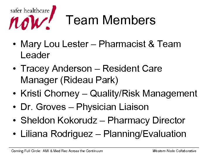 Team Members • Mary Lou Lester – Pharmacist & Team Leader • Tracey Anderson