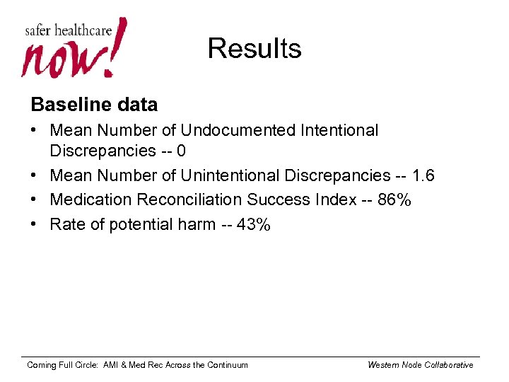 Results Baseline data • Mean Number of Undocumented Intentional Discrepancies -- 0 • Mean