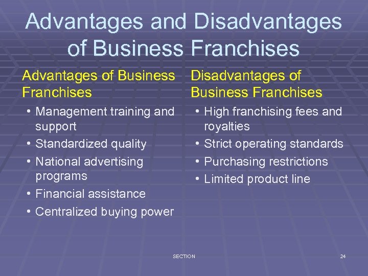 Advantages and Disadvantages of Business Franchises Advantages of Business Franchises • Management training and