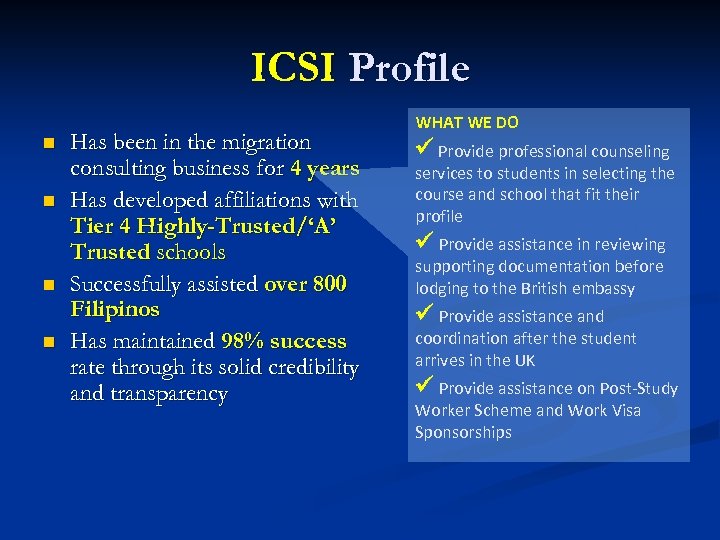 ICSI Profile n n Has been in the migration consulting business for 4 years