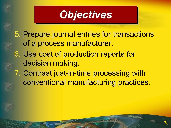 Objectives 5. Prepare journal entries for transactions of a process manufacturer. 6. Use cost