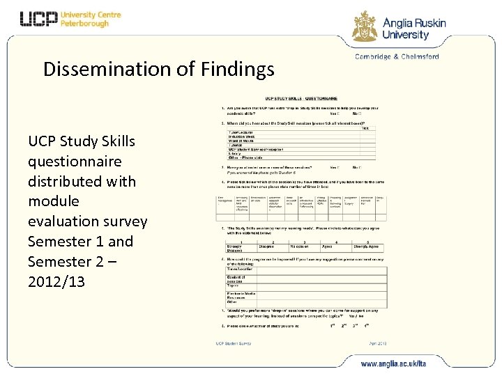 Dissemination of Findings UCP Study Skills questionnaire distributed with module evaluation survey Semester 1