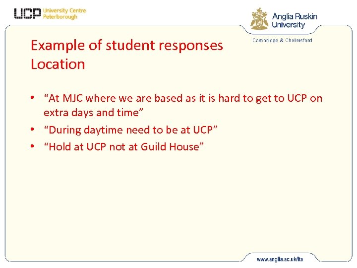 Example of student responses Location • “At MJC where we are based as it