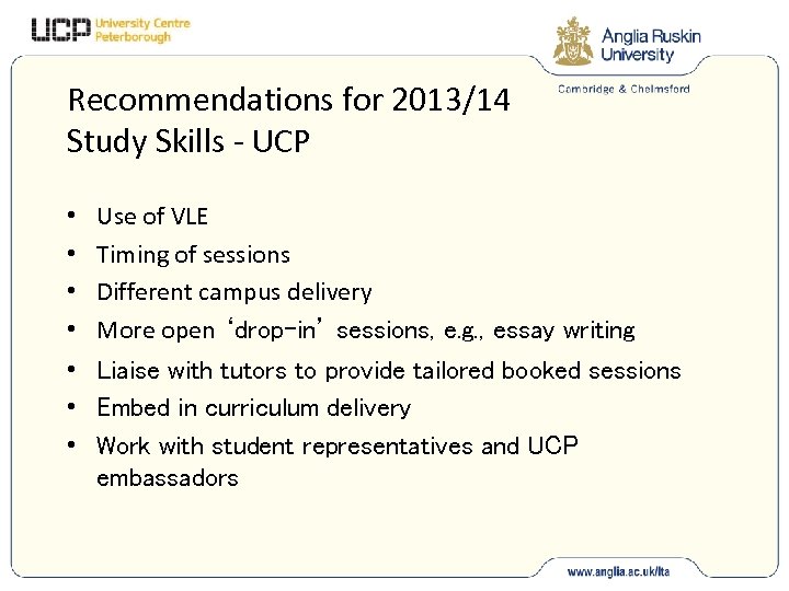 Recommendations for 2013/14 Study Skills - UCP • • Use of VLE Timing of