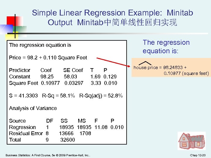 Simple Linear Regression Example: Minitab Output Minitab中简单线性回归实现 The regression equation is Price = 98.