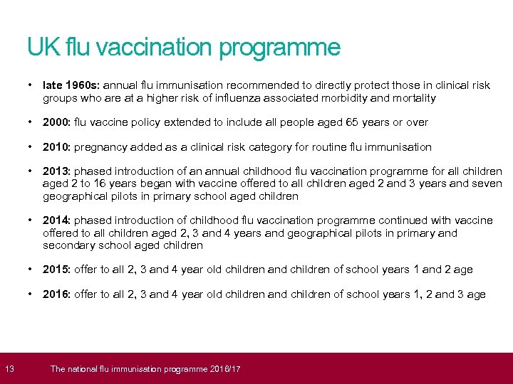  13 UK flu vaccination programme • late 1960 s: annual flu immunisation recommended