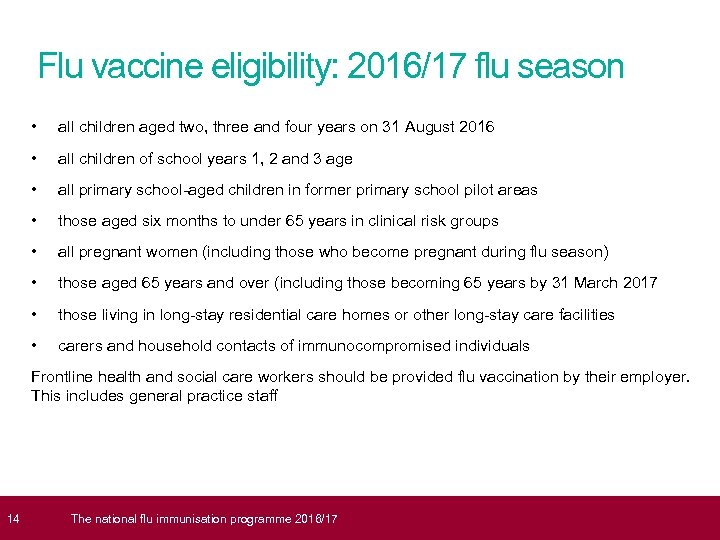  14 Flu vaccine eligibility: 2016/17 flu season • all children aged two, three