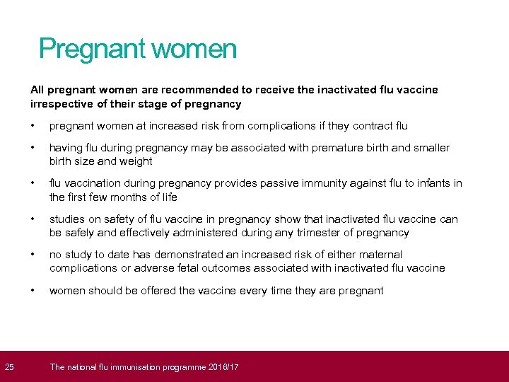  25 Pregnant women All pregnant women are recommended to receive the inactivated flu