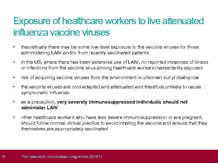  51 Exposure of healthcare workers to live attenuated influenza vaccine viruses • theoretically