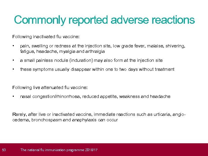  53 Commonly reported adverse reactions Following inactivated flu vaccine: • pain, swelling or