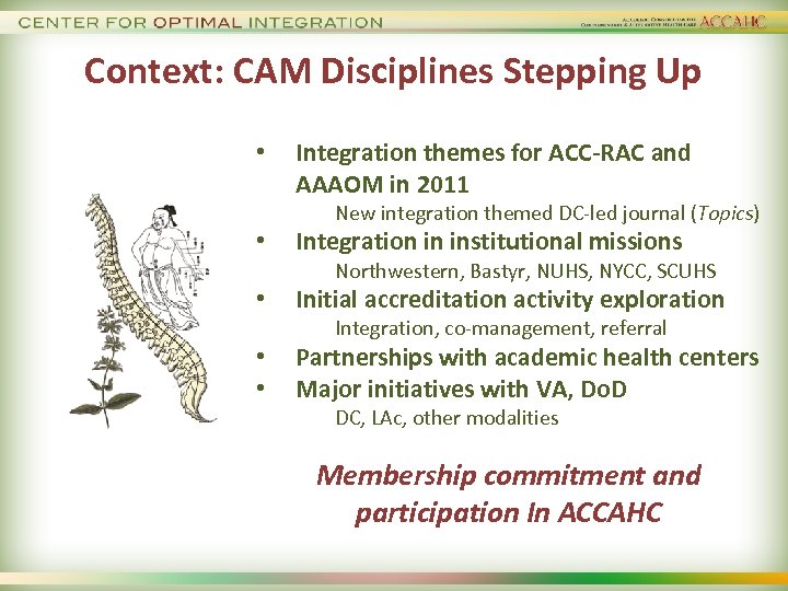 Context: CAM Disciplines Stepping Up • Integration themes for ACC-RAC and AAAOM in 2011