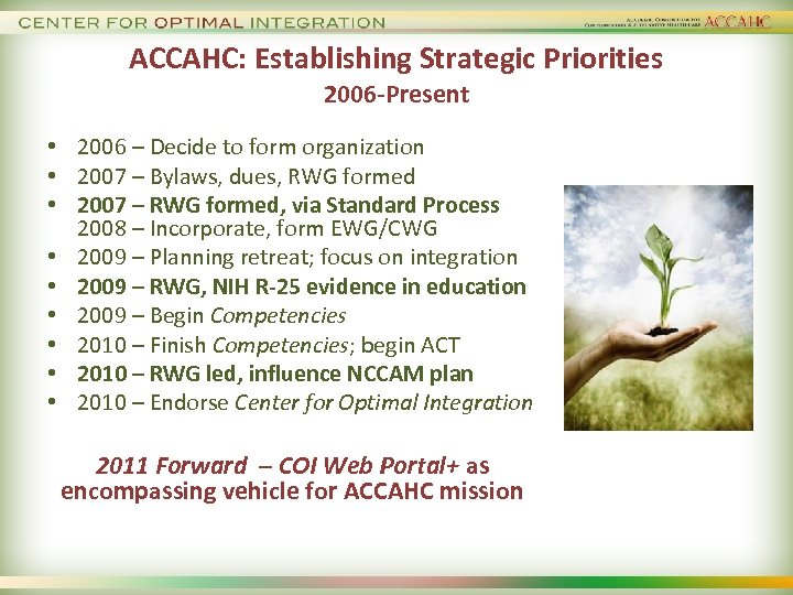 ACCAHC: Establishing Strategic Priorities 2006 -Present • 2006 – Decide to form organization •