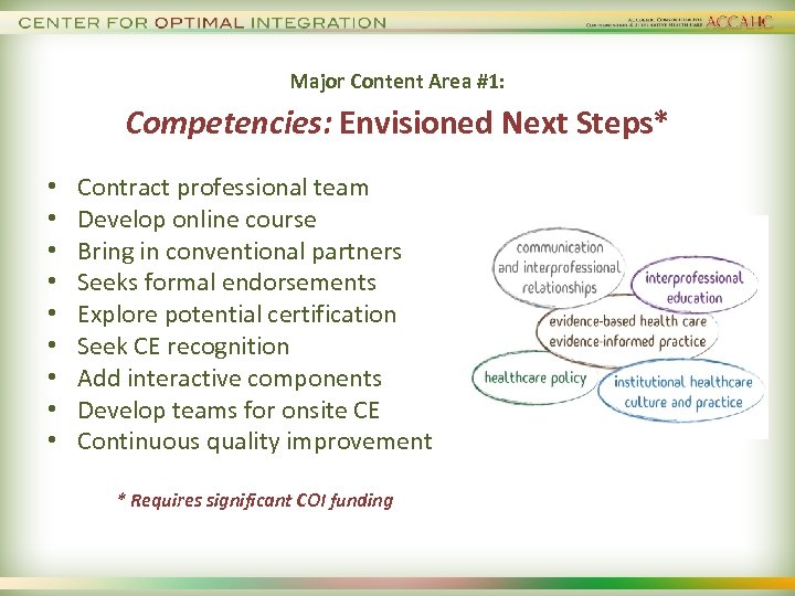 Major Content Area #1: Competencies: Envisioned Next Steps* • • • Contract professional team