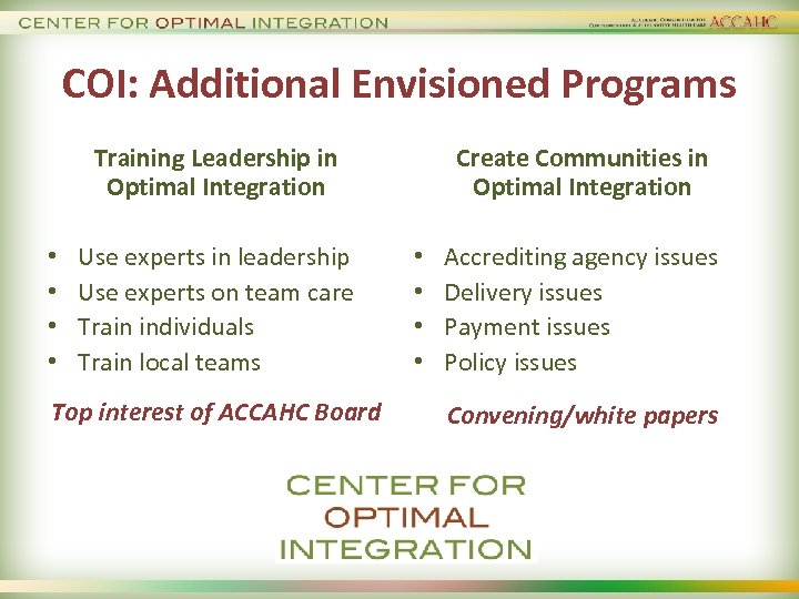 COI: Additional Envisioned Programs Training Leadership in Optimal Integration • • Use experts in