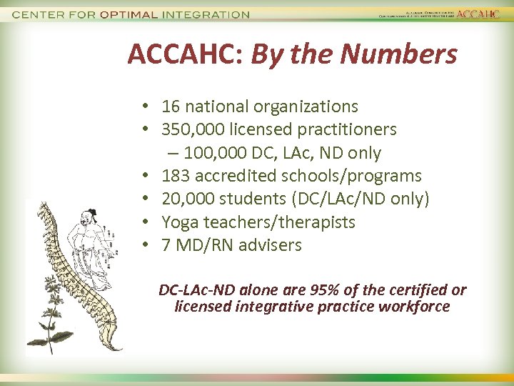 ACCAHC: By the Numbers • 16 national organizations • 350, 000 licensed practitioners –