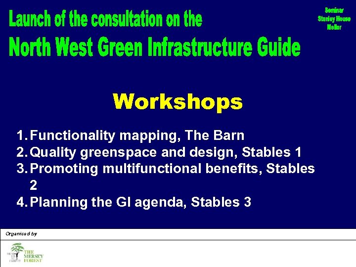 Workshops 1. Functionality mapping, The Barn 2. Quality greenspace and design, Stables 1 3.