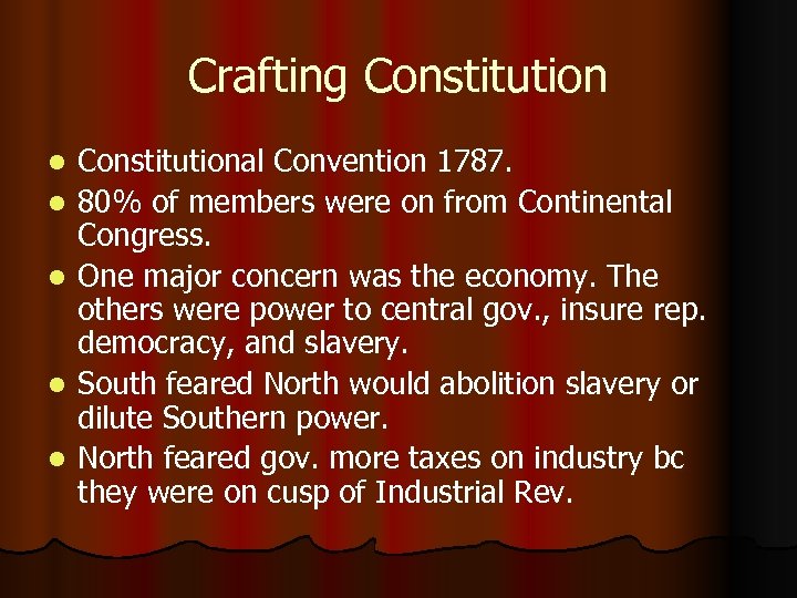 Crafting Constitution l l l Constitutional Convention 1787. 80% of members were on from