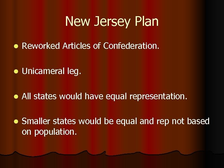New Jersey Plan l Reworked Articles of Confederation. l Unicameral leg. l All states