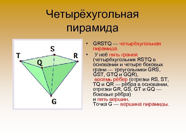 Четырёхугольная пирамида • GRSTQ — четырёхугольная пирамида. • У неё пять граней (четырёхугольник RSTQ