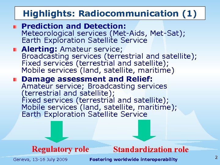 Highlights: Radiocommunication (1) Prediction and Detection: Meteorological services (Met-Aids, Met-Sat); Earth Exploration Satellite Service