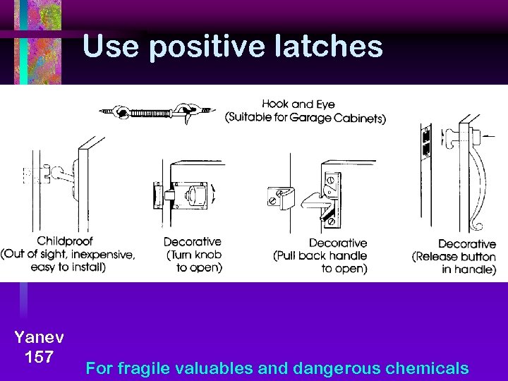 Use positive latches Yanev 157 For fragile valuables and dangerous chemicals 