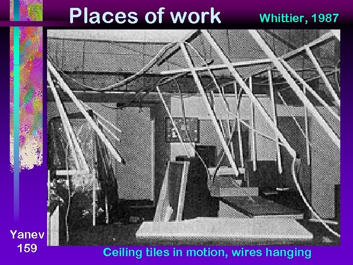 Places of work Yanev 159 Whittier, 1987 Ceiling tiles in motion, wires hanging 