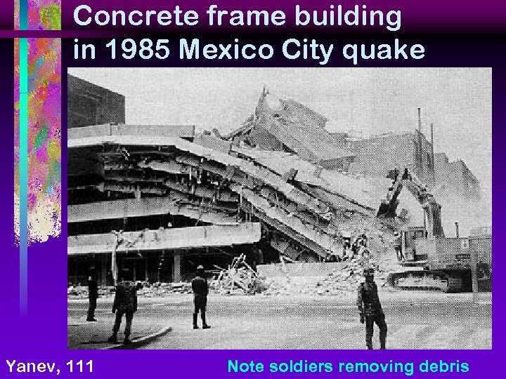 Concrete frame building in 1985 Mexico City quake Yanev, 111 Note soldiers removing debris