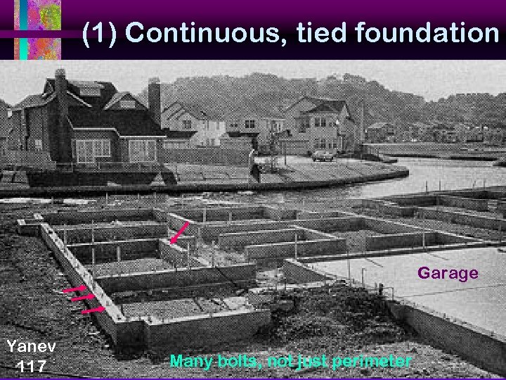 (1) Continuous, tied foundation Garage Yanev 117 Many bolts, not just perimeter 