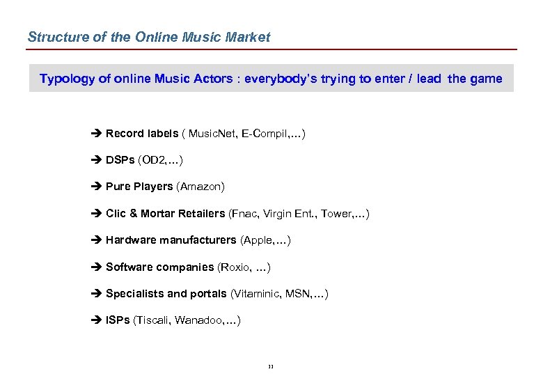 Structure of the Online Music Market Typology of online Music Actors : everybody’s trying